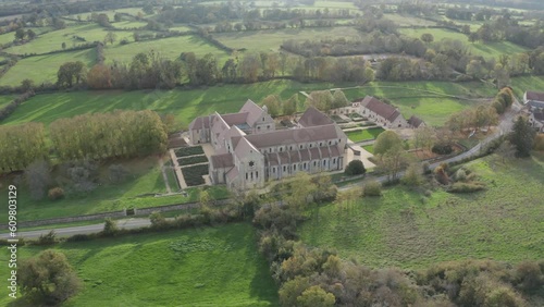 Aerial drone footage of the Abbaye de Noirlac in central France. A cistercian abbey, Noirlac Abbey was founded in 1136. photo
