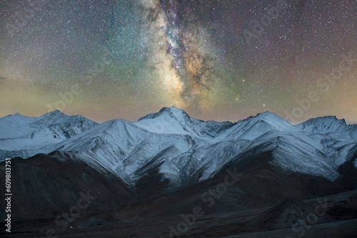 Arching Milky Way galactic center over the mountain at Pangong Lake or Pangong Tso, Ladakh, Jammu and India.