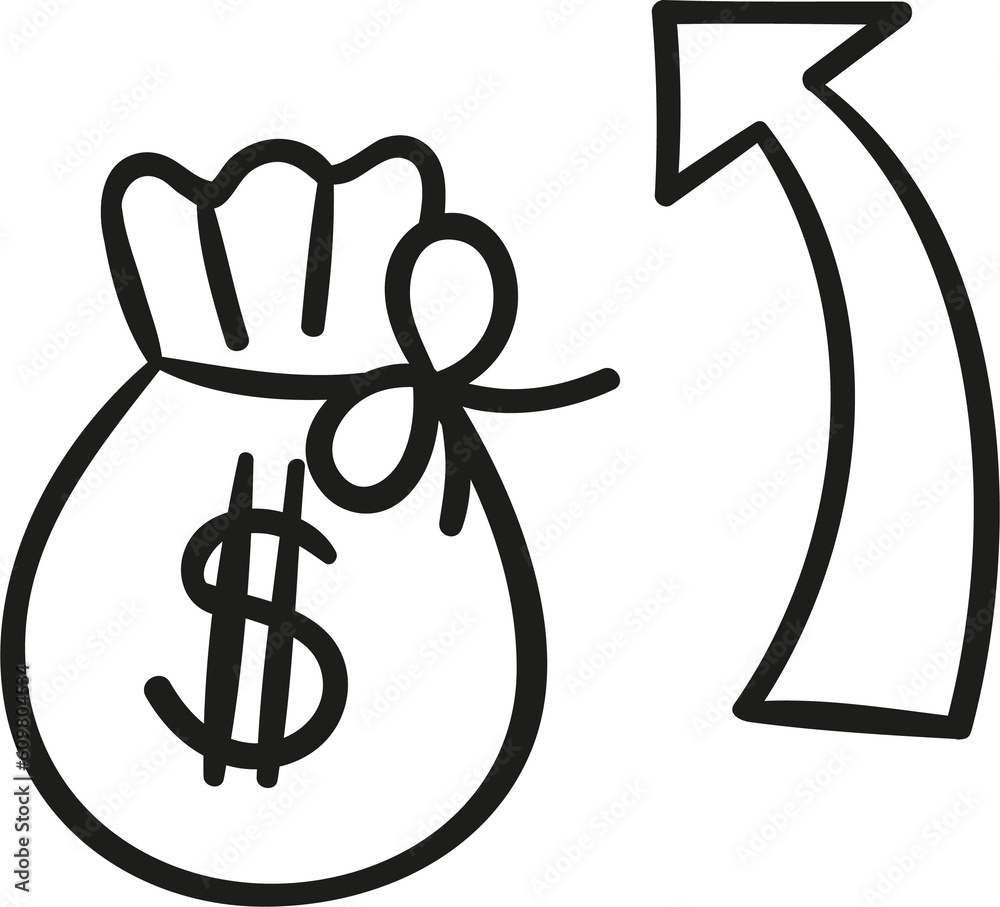Money bag going up hand drawn outline style Money bag going up hand drawn outline style