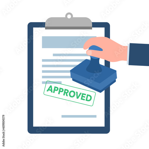 Hand holding stamp with approved document in flat design on white background.