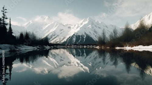 Cinematic Vistas: Alaska's Snowy Peaks and Mirror Lake