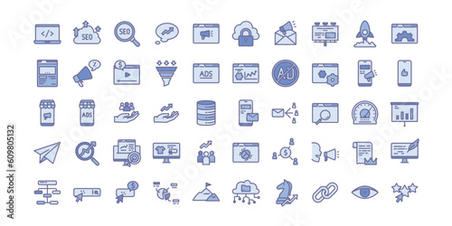 Set of SEO and Marketing icons. Contains icon such as email, marketing, SEO optimization, promotion, funneling, ads, landing page etc.
