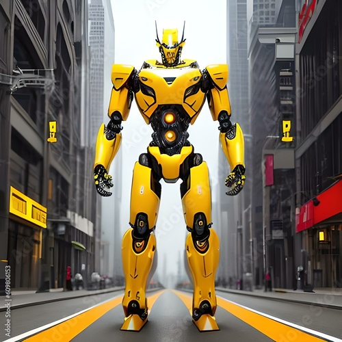 Mega yellow robot super drone ready for action on a city futuristic background. A robust masculine majestic robot on a city futuristic background, digital art. A beautiful android, and robotic suit.