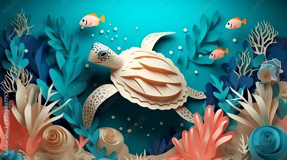 Fototapeta premium Card and poster scene of under the sea and ocean with fish and turtle.
