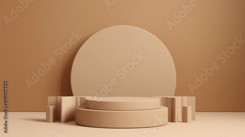 Blank round beige geometric shape podium platform. 