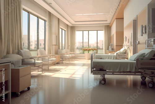 Interior of cozy and clean patient room with hospital bed and window  facilities in hospital  healtcare  insurance  wellness concept background. Generative AI