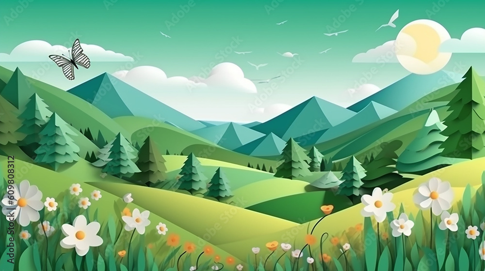 Naklejka premium Green nature landscape scenery poster in paper cut style. 