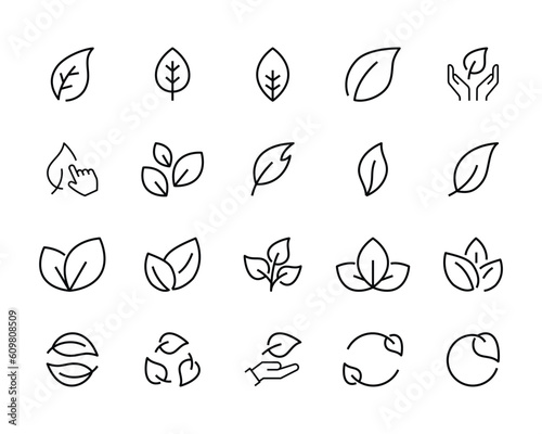 leaf, branch icon set, Eco friendly ecology icons. Environmental Leaves, natural, eco, vegan, bio labels vector symbol logo illustration line editable stroke design style isolated on white