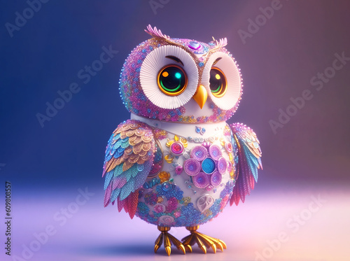 Cute robot owl decorated with jewels. Colorful and beautiful ornate bird. 