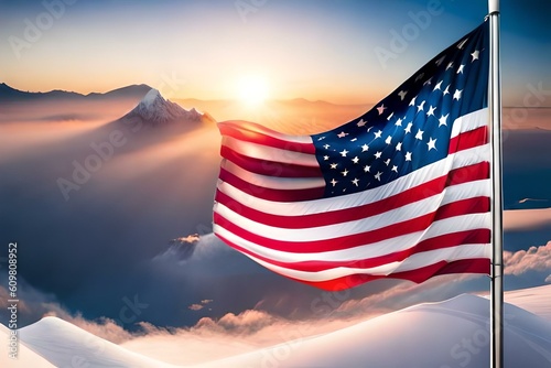 aesthetic united states of america national flag standing in mountain wallpaper. ai generative