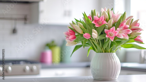 A white vase full of pink flowers is sitting on counter, GENERATIVE AI