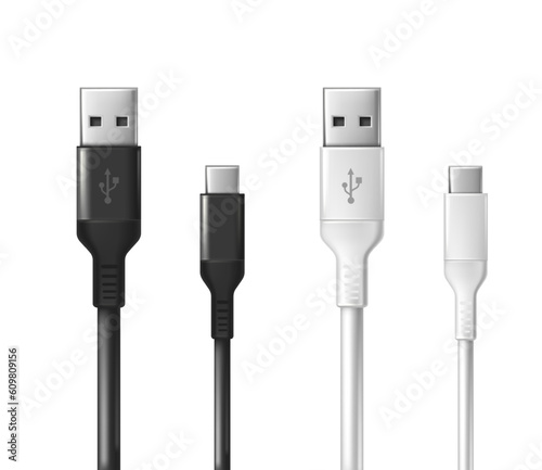 3d realistic vector icon. Black and white USB cabel. Isolated on white background.