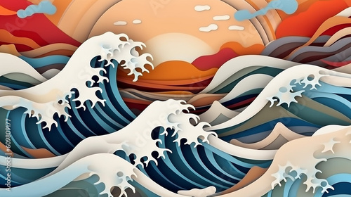 Modern paper cut art cartoon abstract waves background. Generative AI