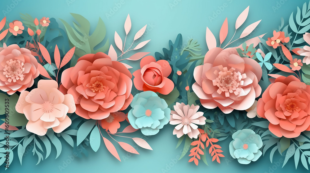 Paper cut flowers and leaves spring background Generative AI