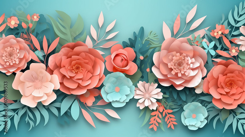 Paper cut flowers and leaves spring background Generative AI © Aura