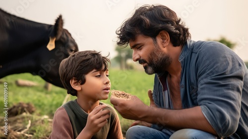 Portrait of a father and son feeding grass to cows on a cattle farm, Generative AI © Salsabila Ariadina