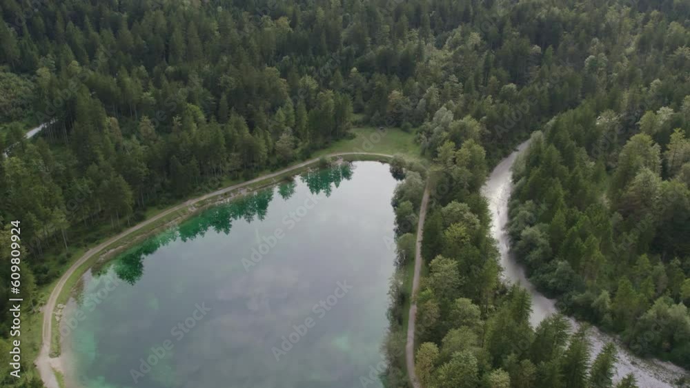 Panoramic shot of the famous lake Bluntausee during a sunny day, aerial