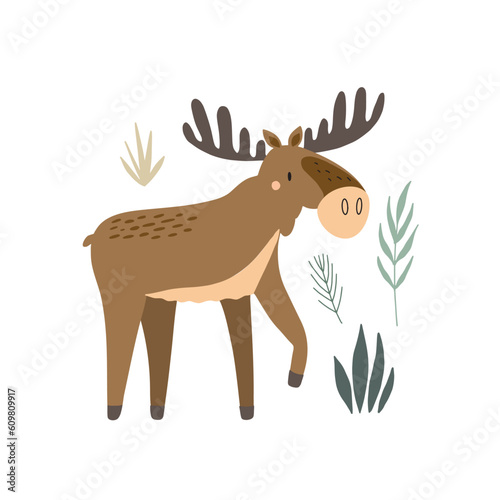 Elk print or card. Hand drawn cartoon scandinavian forest animal, hey wild lettwring text, cute scandi poster, kids t-shirt and nursery design. Woodland doodle style, vector isolated illustration