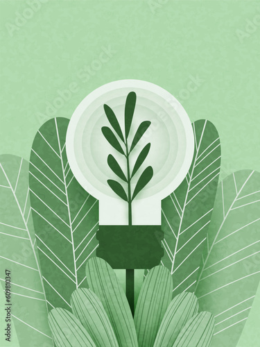 Light bulb and green leaves with recycle concept. Renewable energy for Green ecology and environment concept. Vector illustration.