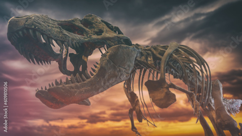 A tyrannosaurus rex dinosaur fossil skull against a background of dark gloomy skies, extinction event. © Atomazul