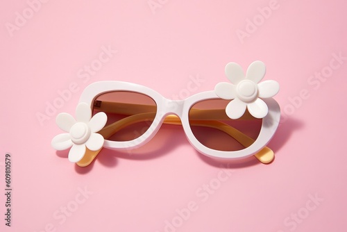 Flower glasses against pastel pink background. Spring time concept. Generated AI.