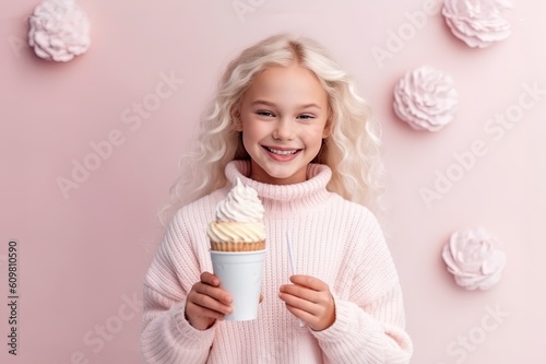Cute girl kid holding ice cream milkshake against pastel pink background. Summer time refreshing food drink concept. Generated AI.