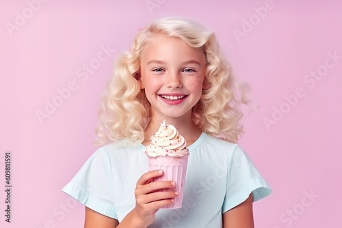 Cute girl kid holding ice cream milkshake against pastel pink background. Summer time refreshing food drink concept. Generated AI. © Glittering Humanity