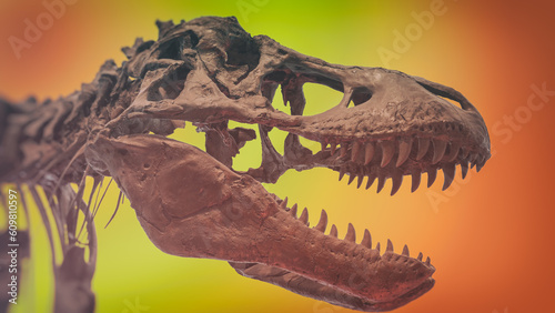 A tyrannosaurus rex dinosaur fossil skull against a colored background. © Atomazul