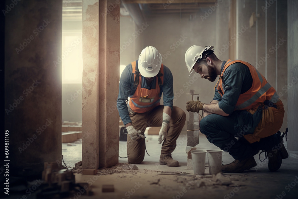 Construction workers fabricating steel reinforcement at the construction site. Generative AI. Construction workers fabricating steel reinforcement at the construction site. Generative AI.