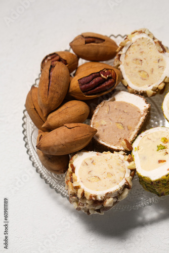 Delicious Turkish delight with pistachios and pecan nuts