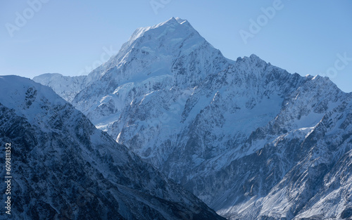 New Zealand winter landscape of mountains with snow featuring Aoraki / Mount Cook