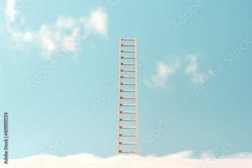 Conceptual "Ladder to success" still life, one wooden ladder on sky background. Created with Generative AI technology.