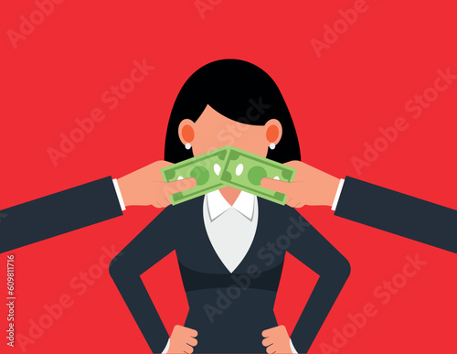 Lobbyist corruption. Hand with dollar bill covering businesswomen's mouth