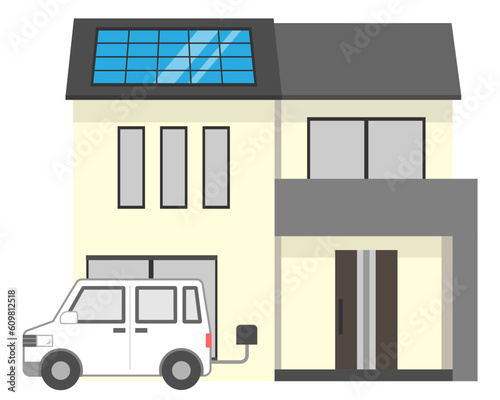 太陽光パネルが付いているシンプルな住宅と電気自動車