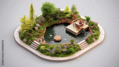 Photo Landscape architecture for spring garden featuring Koi Pond and Gazebo Isometric Style