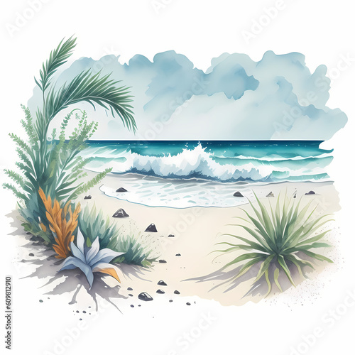 Summer tropical beach with coconut tree and wave. Hand drawn watercolor illustration AI Generate