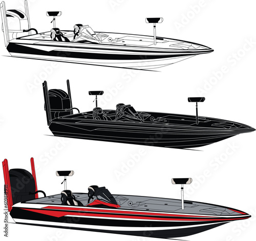 Vector, line art and color image of fishing boat on a white background.