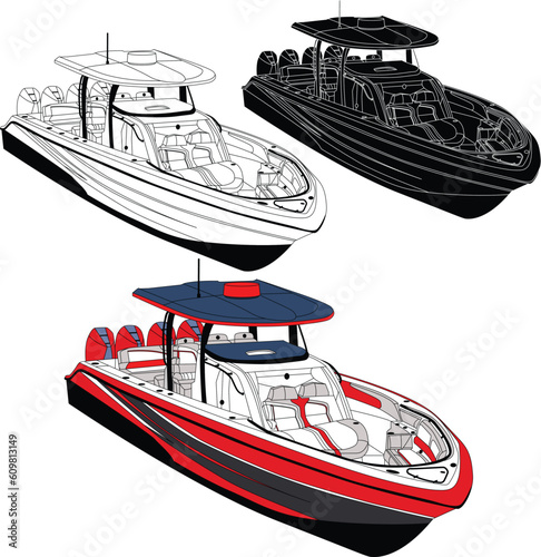 Vector, line art and color image of fishing boat on a white background.