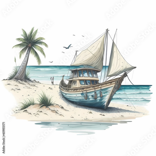 Boat on beach watercolor detailed on white background AI Generate