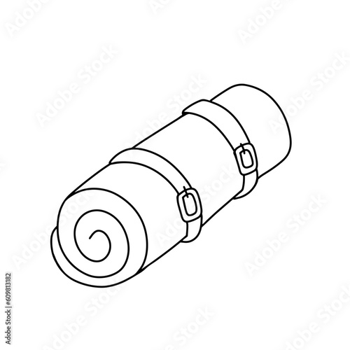 Line roll-up camping mat. Yoga mat. Warm blanket. Outline vector doodle illustration isolated white background.