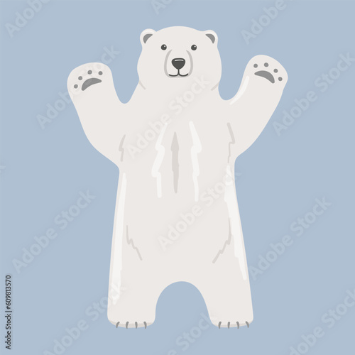 White polar bear stands on paws. Vector flat cartoon illustration isolated on white background. The North animal.