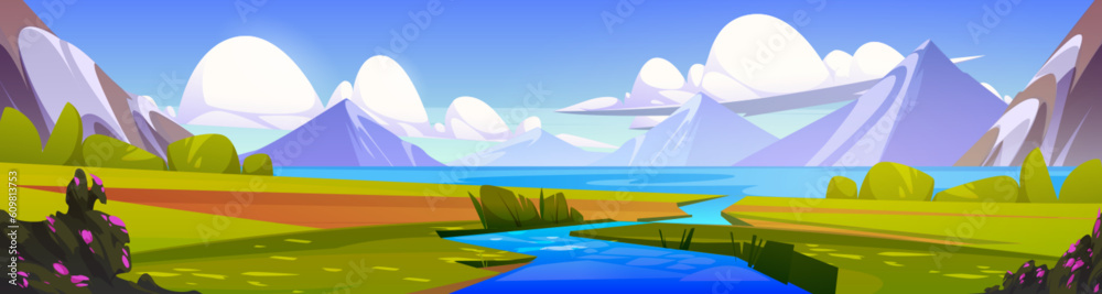 Mountain landscape with river delta. Vector cartoon illustration of water flowing into sea, majestic rocky peaks with glacier, green valley with blooming bushes, sunny sky with clouds. Vacation banner
