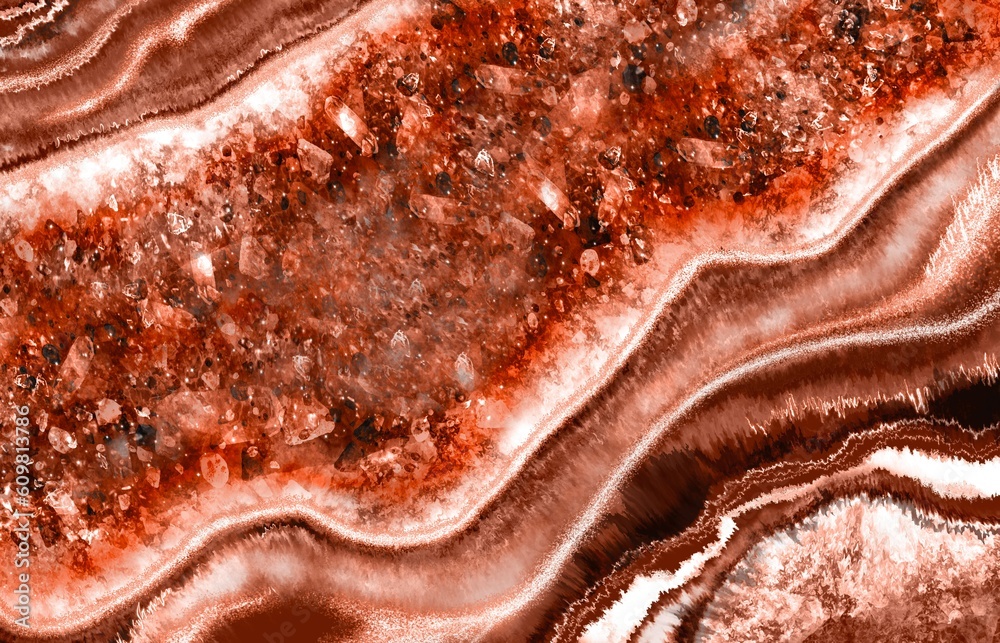 Red and brown Geode with crystals art with epoxy resin. Quartz slice ...