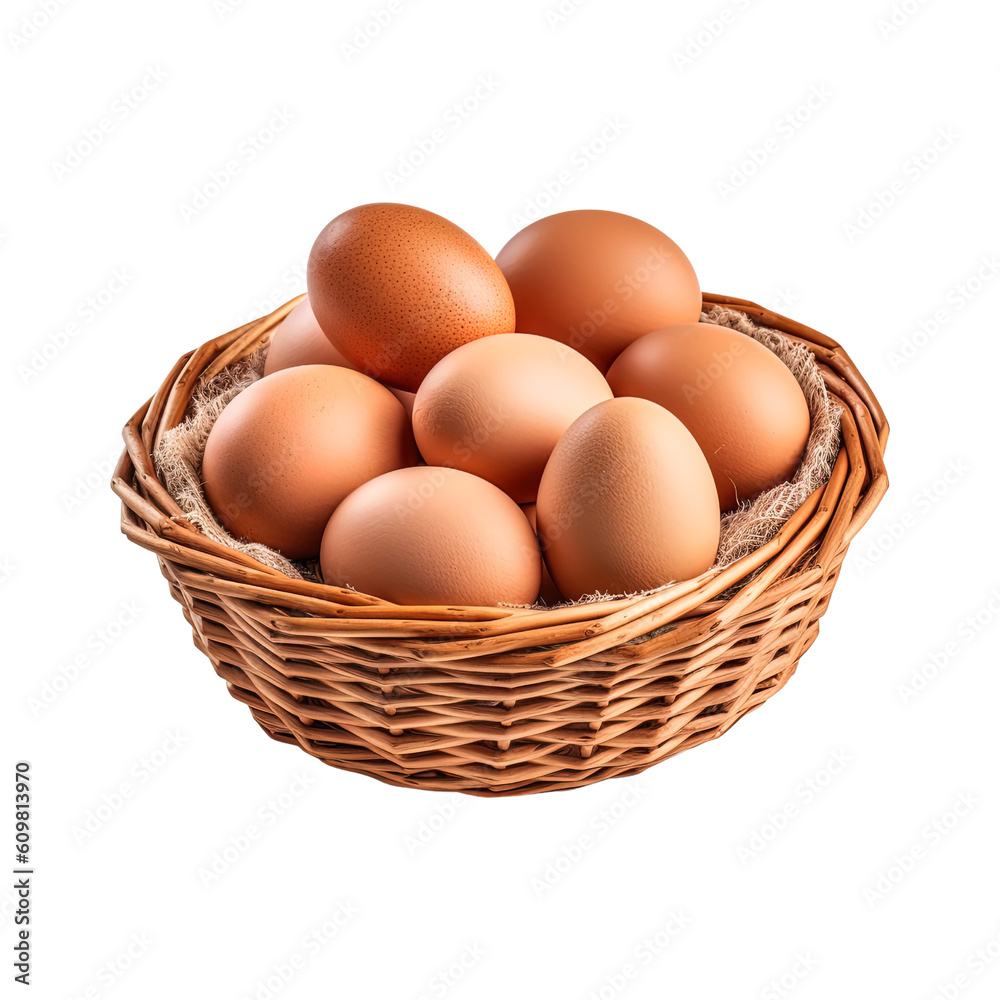 Eggs in basket isolated on transparent background. Created with Generative AI Technology Eggs in basket isolated on transparent background. Created with Generative AI Technology