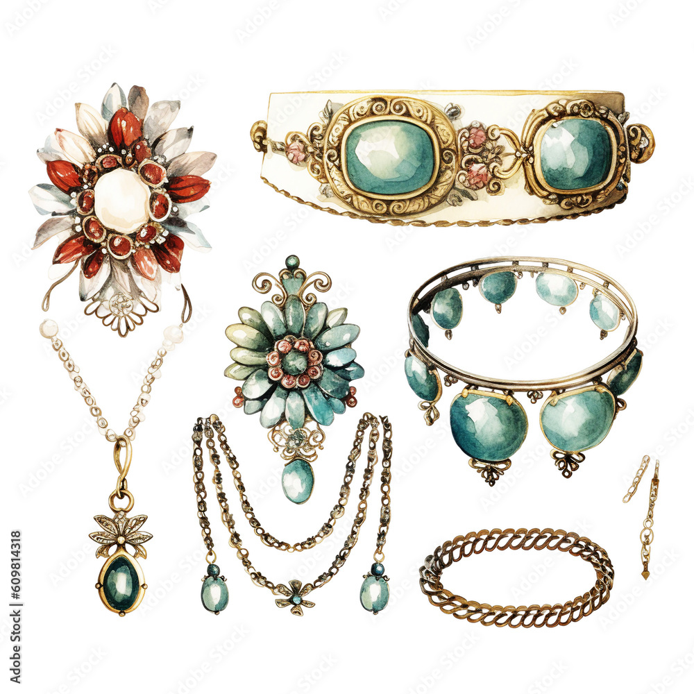 Exquisite Jewelry Illustration Set, elegant jewelry designs, watercolor