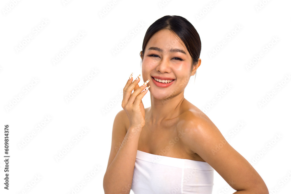 Beauty face. Smiling asian woman touching healthy skin. Beautiful happy girl model with fresh glowing hydrated facial skin and natural makeup. Skin care concept. Portrait on white background at studio Beauty face. Smiling asian woman touching healthy skin. Beautiful happy girl model with fresh glowing hydrated facial skin and natural makeup. Skin care concept. Portrait on white background at studio