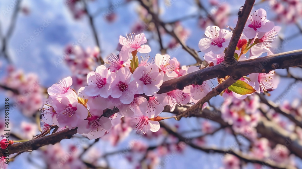 Captivating Macro Shot of pink ume blossom japanese plum Tree Branch. Generative AI
