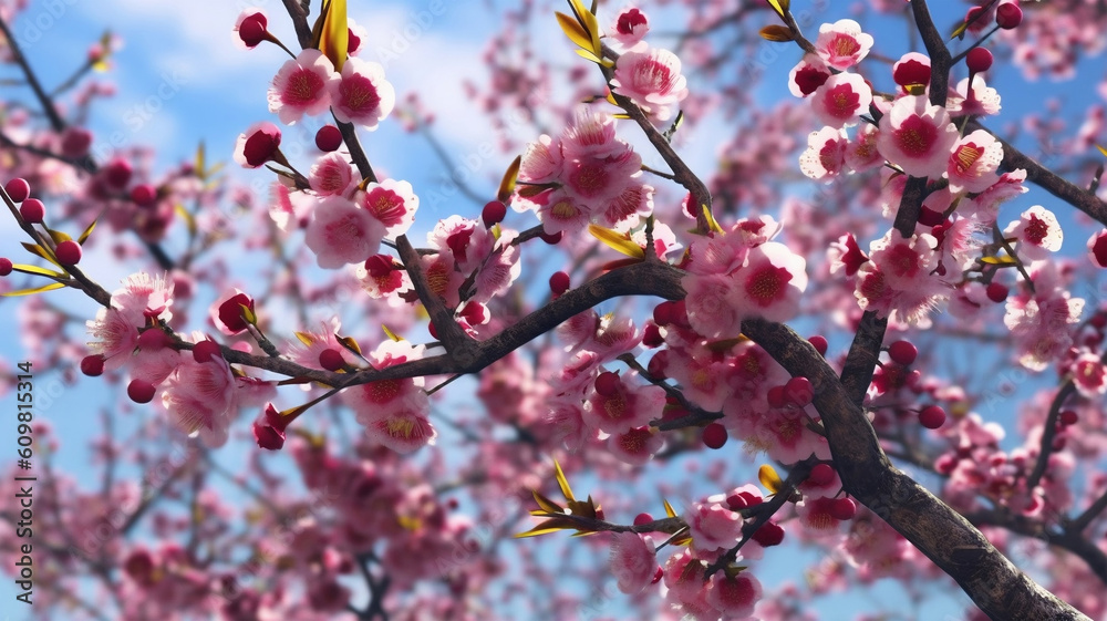 Macro Shot of Spring Blossom Flower with Bokeh Background, Capturing the Beauty of a Cherry Blossom Tree Branch. Generative AI