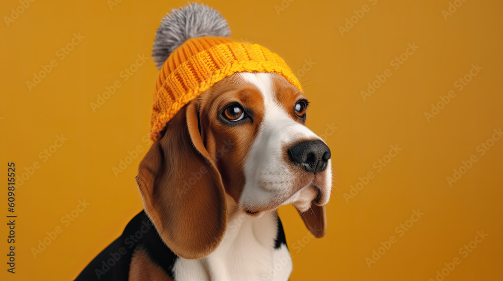 Cute Beagle dog in warm hat on color background