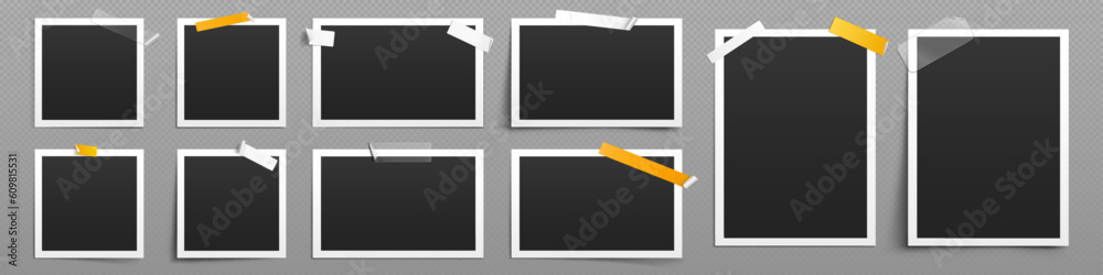 Images collage template with photo frames with sticky tape. Album or gallery mockup with empty paper snapshots with white border isolated on transparent background, vector realistic set